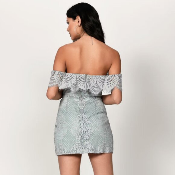 Tobi Dusty Mint Eyelash Lace Off Shoulder Cut Out Ruffle Wrap Tie Mini Dress - Picture 2 of 4